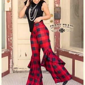 Crazy Train Plus Size Buffalo Plaid Ruffle Stretch Flare Bell Bottom Pants